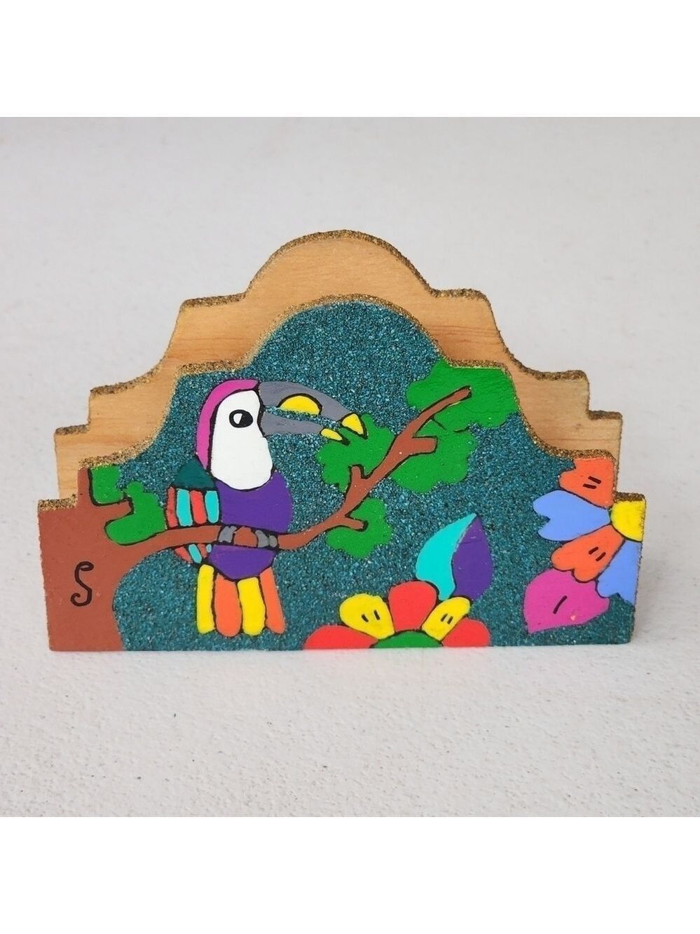 Wood napkin holder handpainted sand art artisan mexico floral bird